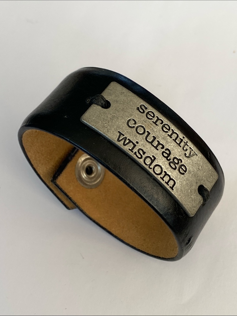 Black Leather Inspirational Bracelet with Metal Plate - Serenity Courage Wisdom